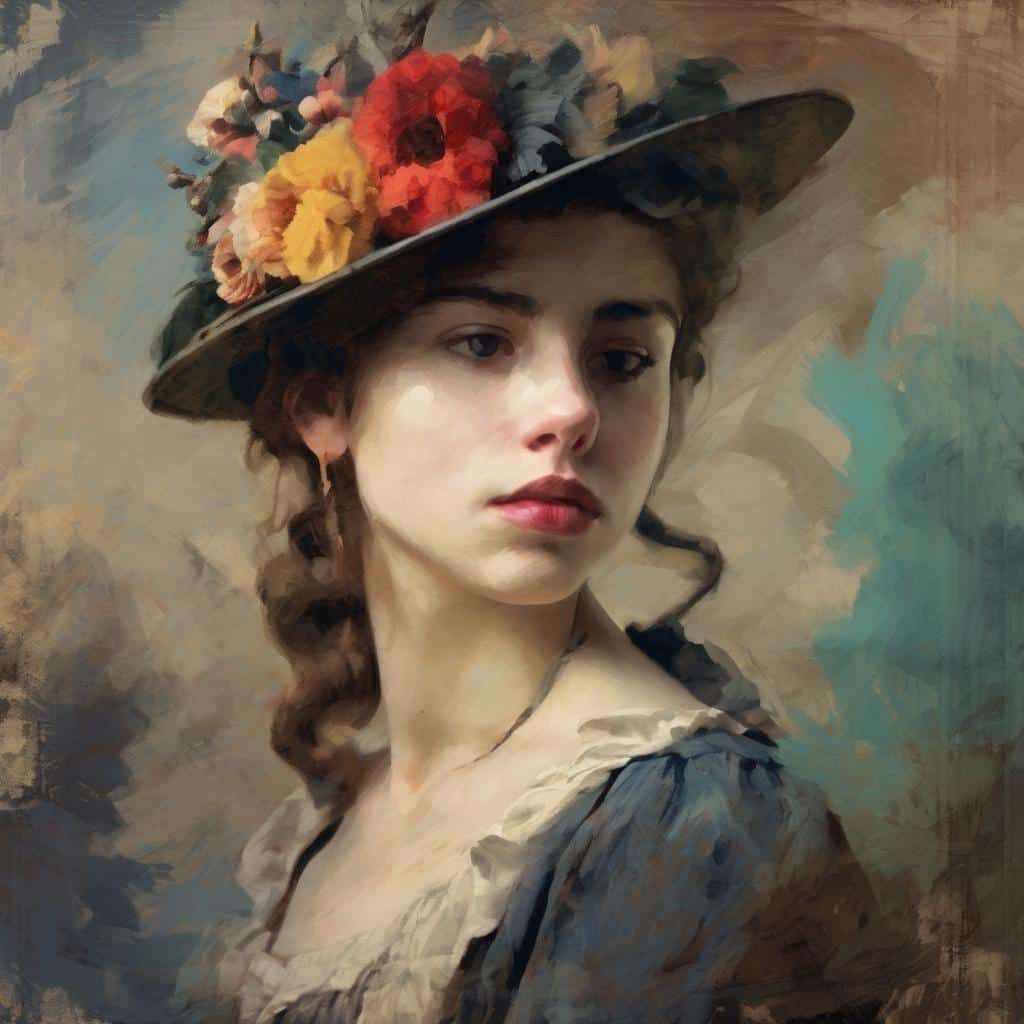 Μοντέρνοι καλλιτέχνες και η επιρροή τους σε σύγχρονη τέχνη, πορτρέτο γυναίκας με καπέλο και λουλούδια, τέχνη και δημιουργικότητα.