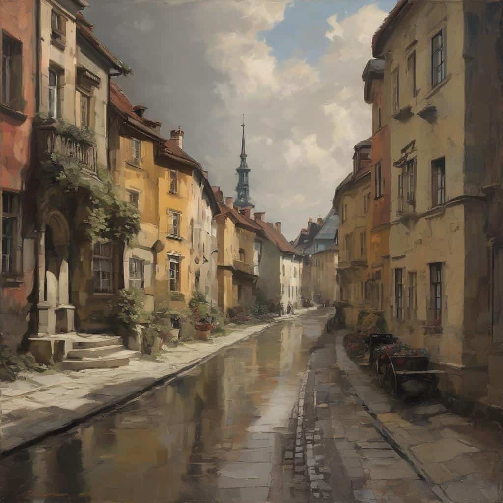 Παράδειγμα φωτογραφίας με σύγχρονους καλλιτέχνες και επιρροή τους, σε γοητευτική αστική τοπίο με παραδοσιακά κτίρια και καλλιτεχνική φινέτσα.