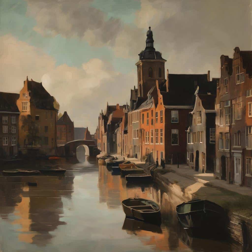 Γραφείο σε παραθαλάσσιο τοπίο με αρχιτεκτονικά σπίτια και γαλήνιο νερό.