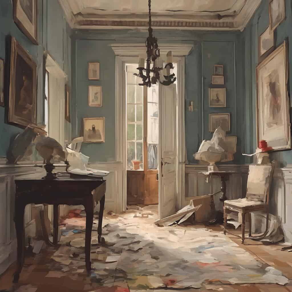 Αντικείμενο σύγχρονης τέχνης σε παλαιό διαμέρισμα με πίνακες και έργα τέχνης.